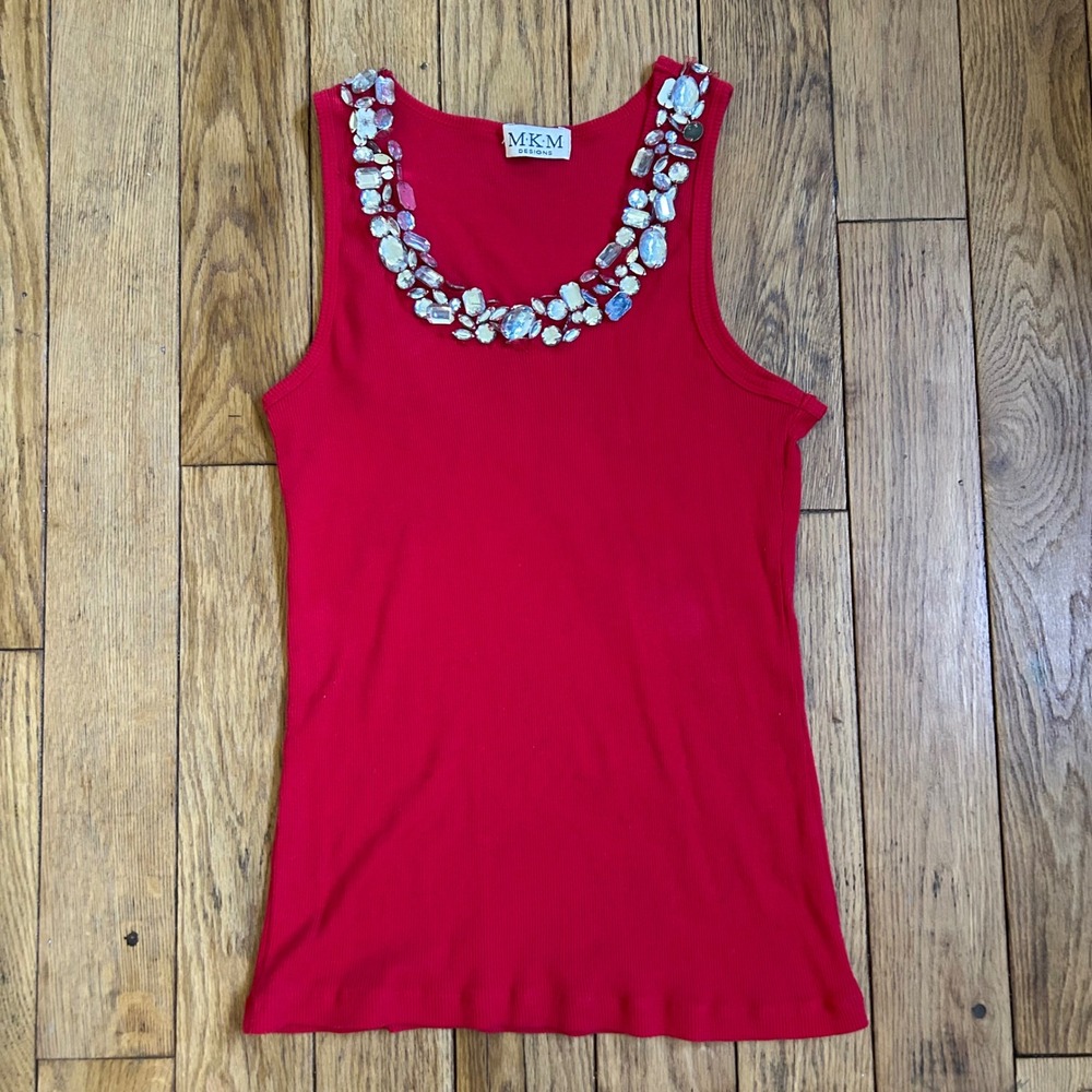 MKM Designs Red Ribbed Cotton Tank Top Crystal Embellished‎ Neckline XL